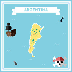 Flat treasure map of Argentina. Colorful cartoon with icons of ship, jolly roger, treasure chest and banner ribbon. Flat design vector illustration.