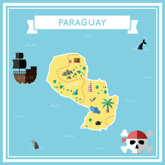 Flat treasure map of Paraguay. Colorful cartoon with icons of ship, jolly roger, treasure chest and banner ribbon. Flat design vector illustration.