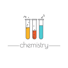 Set of vector flat colorful icons - flasks. Chemistry - inscription . Science and educational concept
