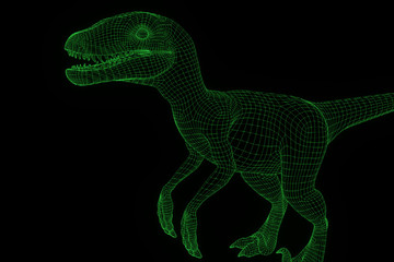 Dinosaur Raptor in Hologram Wireframe Style. Nice 3D Rendering
