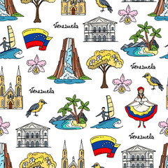 Vector seamless pattern with hand drawn colored symbols of Venezuela - 121103659
