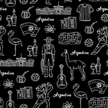 Vector seamless pattern with hand drawn isolated symbols of Argentina