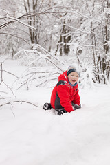 Fototapeta na wymiar Portarit of cute preschool kid boy playing with snow in the park. Child having fun on a cold winter day outdoors.