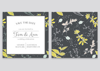Vector template of wedding invitation card with herbs. Save the date. Botanical style. Green and yellow spring colors.