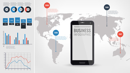 Detail infographic vector illustration. World Map and Information Graphics with touchscreen mobile phone.