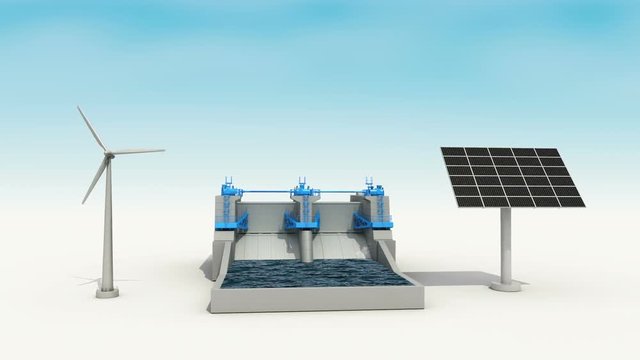 Wind turbine, Solar panel generator, Water power dam, Green energy.1.