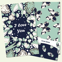 Floral card and envelope design, flowers, leaf , herbs and birds doodle elements. Vector decorative invitation. childish style. elements are not cropped and hidden under mask.