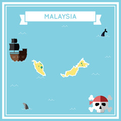 Flat treasure map of Malaysia. Colorful cartoon with icons of ship, jolly roger, treasure chest and banner ribbon. Flat design vector illustration.