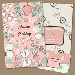 Floral card and envelope design, flowers, leaf , herbs and birds doodle elements. Vector decorative invitation. childish style. elements are not cropped and hidden under mask.