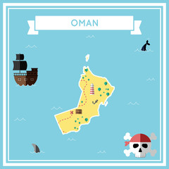 Flat treasure map of Oman. Colorful cartoon with icons of ship, jolly roger, treasure chest and banner ribbon. Flat design vector illustration.