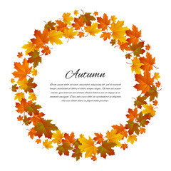 Autumnal round frame. Background with maple autumn leaves. Vector