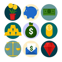 Money and Finance Vector Icons Set with Piggy and Gold