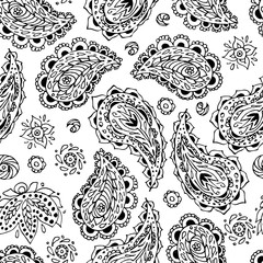 Paisly.Seamless vector pattern.Traditional ethnic ornament. Black and white.Vector line image. A template for a print fabric, wrapping paper, textiles