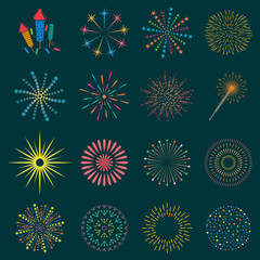 Firework icon set with petard, stars. Festival