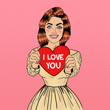 Young Pretty Pop Art Woman Holding Big Red Heart in her Hands. Vector illustration