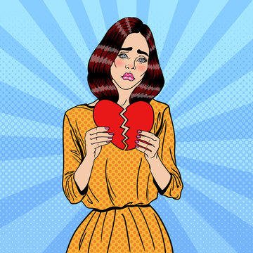Sad Unhappy Pop Art Woman Tearing Paper Red Heart. Vector illustration