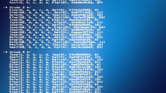 An 8-bit source code scrolling animation, scrambled text from public domain. White characters on a blue gradient background. Use it as is or as a texture / abstract, map it, overlay it, etc.
