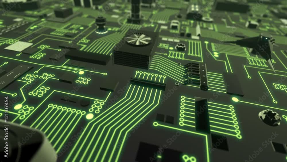 Poster seamless looping 3d animation of a illuminated futuristic circuit board moving