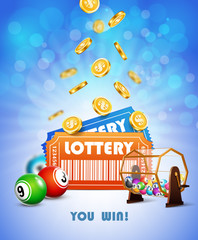 Lottery Jackpot with tickets, wheel, coins and balls.