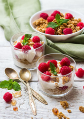 Breakfast concept. Coffee muesli granola berries homemade yogurt