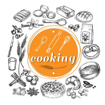 hand drawn sketch illustration cooking