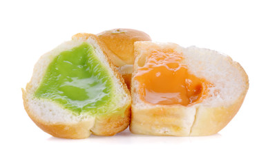 pandan custard cream bread on white background