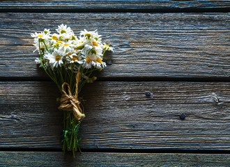 Bouquet of daisy flowers on a wooden background