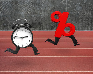 Alarm clock running after percentage sign with human legs