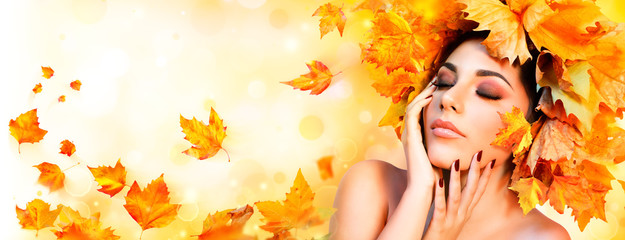 Fall Girl - Beauty Model Woman With Orange Autumn Leaves Hairstyle
