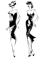 Black and white retro fashion woman model. Hand drawn vector