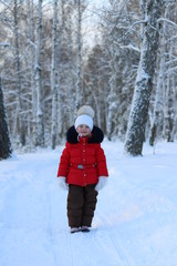 Fototapeta na wymiar little girl walking through the forest frosty winter day
