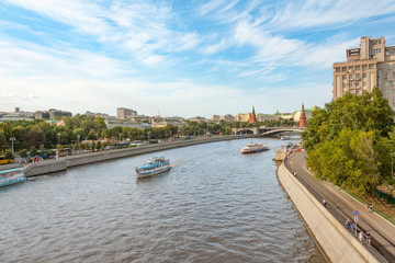 View on the Moscow river, Prechistenskaya and Bersenevskaya embankments and Kremlin, summer urban cityscape