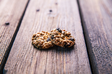 cookies with chocolate on a wooden background. pastries, sweets, snack, food