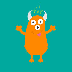 Orange monster with eyes, horns, tongue, electricity line. Funny Cute cartoon character. Baby collection. Isolated. Happy Halloween card. Flat design. Green background.