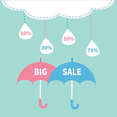 Naklejka premium Monsoon season offer. Two umbrella set. Cloud with hanging dash line raining drops. 10, 30, 50, 75 persent off. Big sale banner poster. Flat design. Blue sky background.