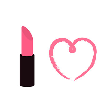 Pink lipstick and heart on white background Isolated Template Flat design