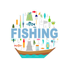 The inscription Fishing. Fishing rod, fishing reel, hooks..Icons and illustrations for design, website, infographic, poster, advertising. Fat style.