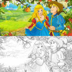 Cartoon scene with cute royal charming couple on the meadow - with coloring page -  illustration for children