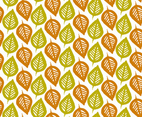 Autumn seamless pattern with leaves. Vector background in orange and white colors. Can be used for wallpaper, pattern fills, surface textures, scrapbooking, fabric prints.