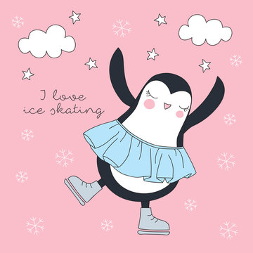 cute penguin ice skating vector illustration