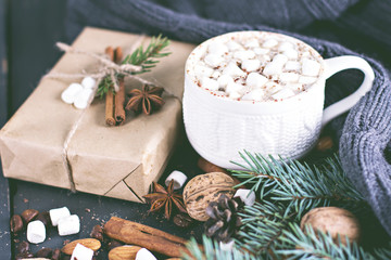 Cocoa, coffee  with marshmallows, nuts, gift
