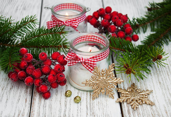  christmas decorations candles in glass jars with fir