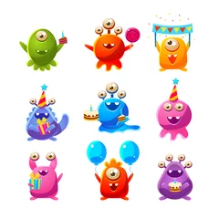 Fototapete Monster Spielzeug-Aliens mit Geburtstagsparty-Objekten