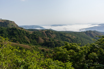 Fototapeta na wymiar Valley Hills Homes cloud mist covers rural landscape