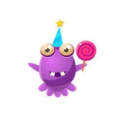 Purple Toy Monster In Party Hat Holding A Lollypop