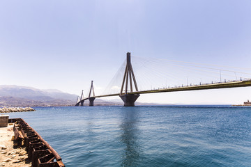 suspension bridge crossing Corinth Gulf strait, Greece.