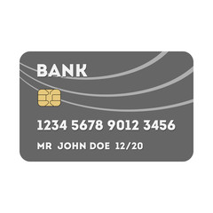 Isolated silver plastic credit or debit card on white background. Payment with credit or debit card all over the world. Virtual transaction. Shopping with credit card.