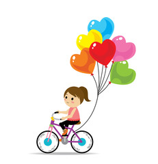 Vector of girl riding bicycle with colorful of heart shape balloon