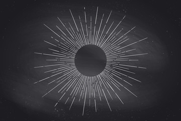 Light rays, sunburst and rays of sun on black chalkboard. Linear drawing. Vintage hipster style. Light rays sunburst for retro logo, emblem. Vector Illustration