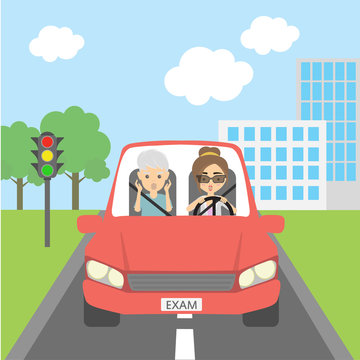 Scared into grey hair male passenger and female driver. Teacher and student. Girl passing driving test. Risky funny situation.